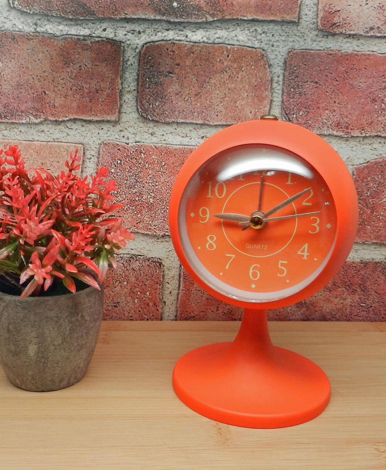 MCM Midcentury Modern Vintage Retro Style Round Orange Alarm Pedestal Desk Clock