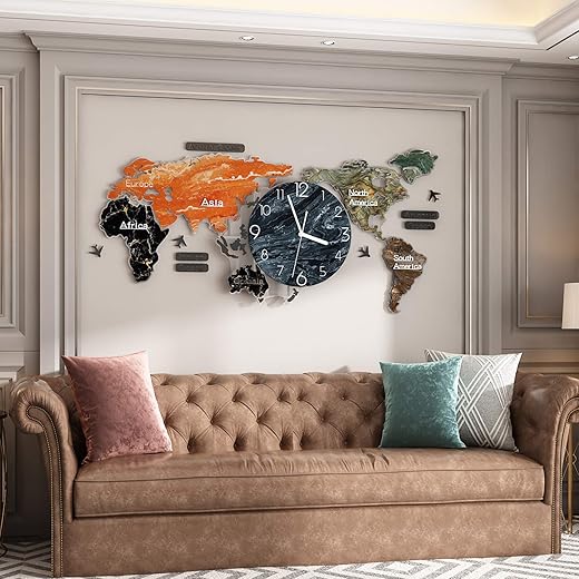 MEISD Extra Large Decorative Wall Clock for Living Room Decor, 43 Inch Giant Modern Wall Clocks for Bedroom Kitchen Office Home, Big DIY World Map, Battery Operated, Silent Non Ticking