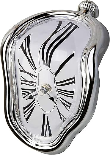 Melting Clock Dali Melted Clock Gift Decor Art Inspired Wall Clock Twisted Shelf Hanging Surrealist for Decorative Shop Office Home Desk Roman Silve…