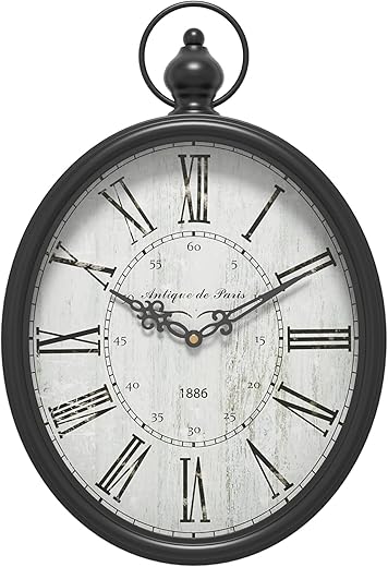 Menterry Oval Retro Wall Clock, Rustic Vintage Style, Black Antique Design, Battery Operated Silent Decor Large Wall Clocks for Kitchen,Farmhouse,Office (15.5" H x 10.5" W)