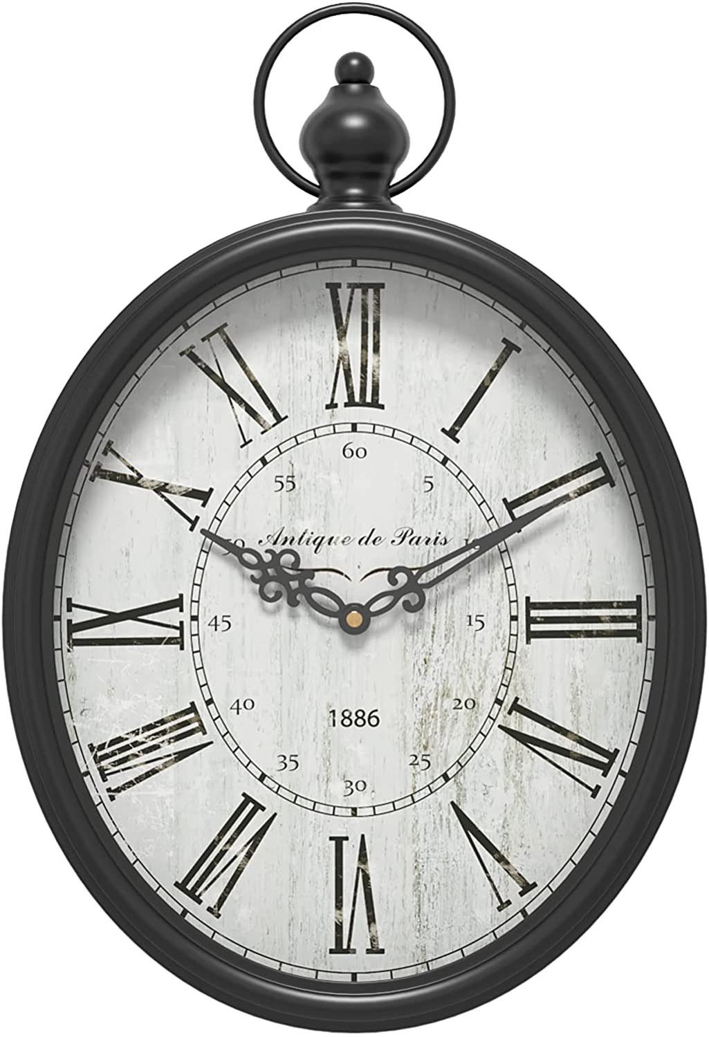 Menterry Oval Retro Wall Clock, Rustic Vintage Style, Black Antique Design, Batt