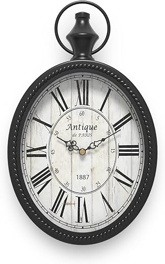 Menterry Small Retro Oval Wall Clock, Antique Old Design, Black Vintage Style, Battery Operated Silent Decor Wall Clocks for Kitchen,Bedroom,Farmhouse,Bathroom (11.2