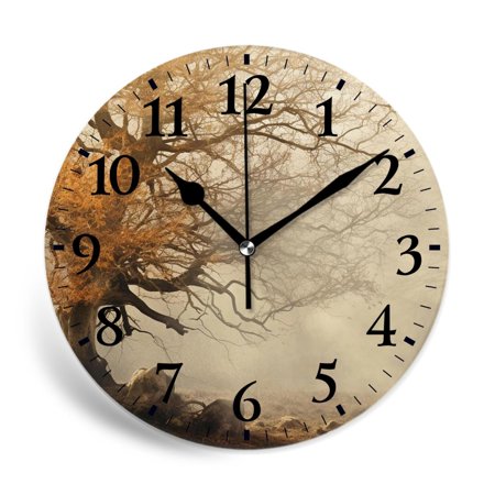 MEOSLZUT 10 inch Round Wall Clock,Autumn Bare Tree Branches with Fall Leaves Picture,Silent Non Ticking Wall Clocks for Living Room Kitchen Bedroom