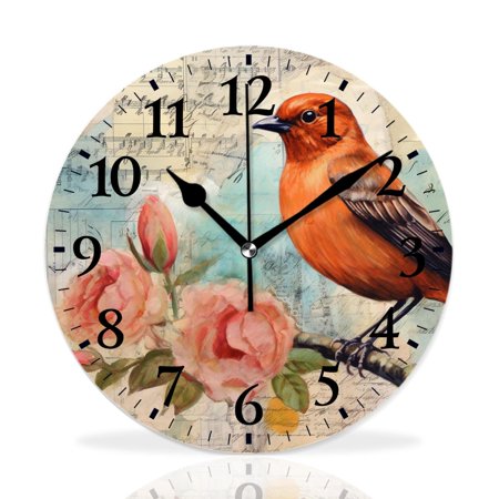 MEOSLZUT 10 inch Round Wall Clock,Bird and Vintage Letter Elegant,Silent Non Ticking Wall Clocks for Living Room Kitchen Bedroom