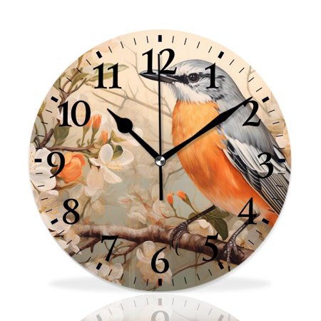 MEOSLZUT 10 inch Round Wall Clock,Bird and Vintage Letter Print,Silent Non Ticking Wall Clocks for Living Room Kitchen Bedroom