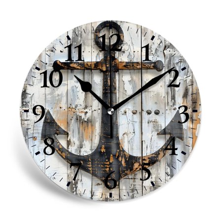 MEOSLZUT 10 inch Round Wall Clock,Brown and White Anchor Hand Boating Sketch Rustic Wooden Charming,Silent Non Ticking Wall Clocks for Living Room Kitchen Bedroom