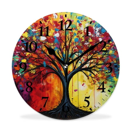 MEOSLZUT 10 inch Round Wall Clock,Colorful Tree Picture,Silent Non Ticking Wall Clocks for Living Room Kitchen Bedroom