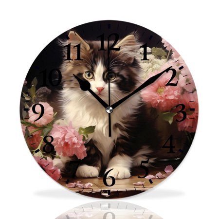 MEOSLZUT 10 inch Round Wall Clock,Cute Cat Kitten Pink Flower Style,Silent Non Ticking Wall Clocks for Living Room Kitchen Bedroom