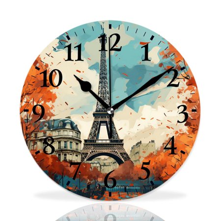 MEOSLZUT 10 inch Round Wall Clock,Eiffel Tower Maple Leaf Autumn Elegant Design,Silent Non Ticking Wall Clocks for Living Room Kitchen Bedroom