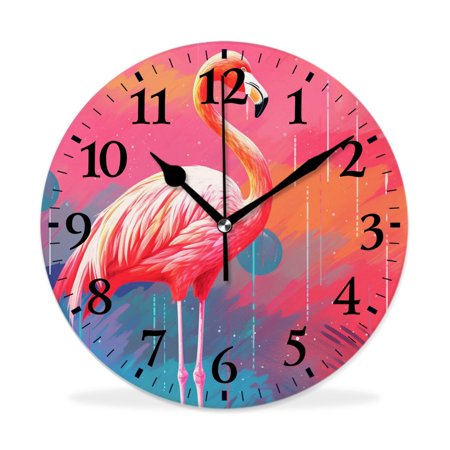 MEOSLZUT 10 inch Round Wall Clock,Flamingo on Multicolor Rainbow Colorful Lined Striped Drawing,Silent Non Ticking Wall Clocks for Living Room Kitchen Bedroom