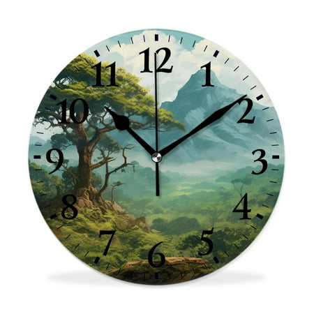 MEOSLZUT 10 inch Round Wall Clock,Landscape Nature Scene in Green Tones with Mountains and Trees Pattern,Silent Non Ticking Wall Clocks for Living Room Kitchen Bedroom