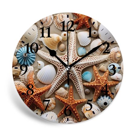 MEOSLZUT 10 inch Round Wall Clock,Marine Sea Life Nautical Theme Seashell Starfish on Turquoise Blue Wooden Print,Silent Non Ticking Wall Clocks for Living Room Kitchen Bedroom