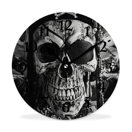 MEOSLZUT 10 inch Round Wall Clock,Pirate Skull with Sword Day of The Dead Graceful,Silent Non Ticking Wall Clocks for Living Room Kitchen Bedroom