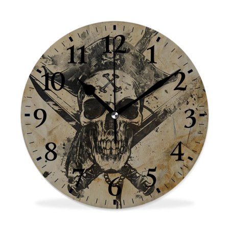 MEOSLZUT 10 inch Round Wall Clock,Pirate Skull with Sword Day of The Dead Delicate,Silent Non Ticking Wall Clocks for Living Room Kitchen Bedroom