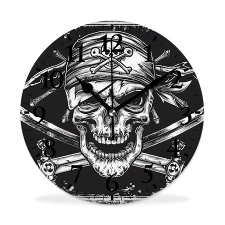 MEOSLZUT 10 inch Round Wall Clock,Pirate Skull with Sword Day of The Dead Charming,Silent Non Ticking Wall Clocks for Living Room Kitchen Bedroom