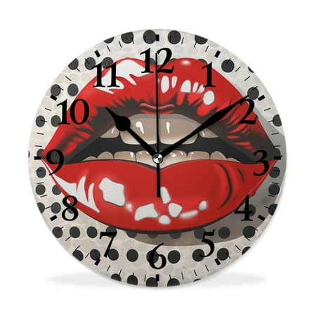 MEOSLZUT 10 inch Round Wall Clock,Pop Art Colorful Bite Sexy Red Lip on Polka Dot Stunning,Silent Non Ticking Wall Clocks for Living Room Kitchen Bedroom