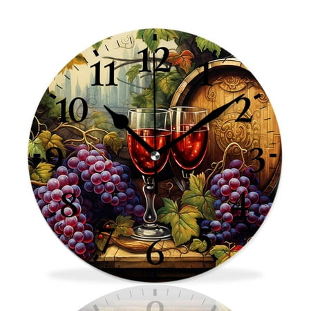 MEOSLZUT 10 inch Round Wall Clock,Red White Wine Bottle Glass Print,Silent Non Ticking Wall Clocks for Living Room Kitchen Bedroom