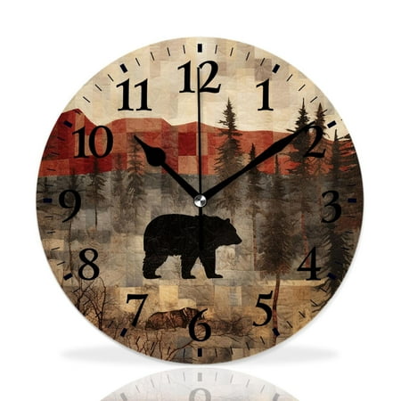 MEOSLZUT 10 inch Round Wall Clock,Rustic Lodge Bear Moose Deer Style,Silent Non Ticking Wall Clocks for Living Room Kitchen Bedroom