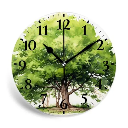 MEOSLZUT 10 inch Round Wall Clock,Tree Green Tree Illustration Style Painted in Watercolors Picture,Silent Non Ticking Wall Clocks for Living Room Kitchen Bedroom