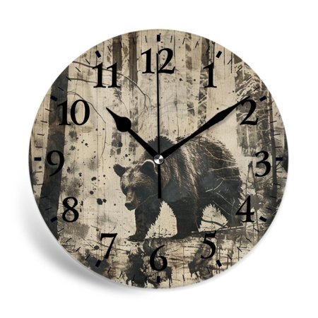 MEOSLZUT 10 inch Round Wall Clock,Vintage Style Wildlife Animal Bear Hand Charming,Silent Non Ticking Wall Clocks for Living Room Kitchen Bedroom