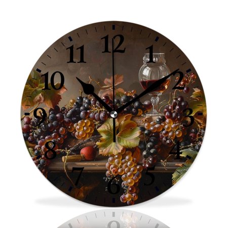 MEOSLZUT 10 inch Round Wall Clock,Vintage Wine Grape Red Glasses Elaborate,Silent Non Ticking Wall Clocks for Living Room Kitchen Bedroom