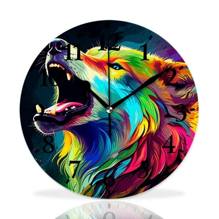 MEOSLZUT 10 inch Round Wall Clock,Wolf Head Colorful Portrait on Dark Blue Pop Art Style Art,Silent Non Ticking Wall Clocks for Living Room Kitchen Bedroom