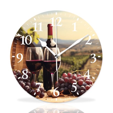 MEOSLZUT 12 inch Round Wall Clock,Red Wine Bottle Glass Grape Design,Silent Non-Ticking Wall Clock Decor for Home Office Kitchen Living Room Bedroom