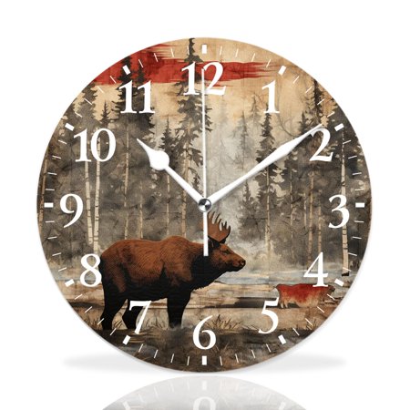 MEOSLZUT 12 inch Round Wall Clock,Rustic Lodge Bear Moose Deer Painting,Silent Non-Ticking Wall Clock Decor for Home Office Kitchen Living Room Bedroom