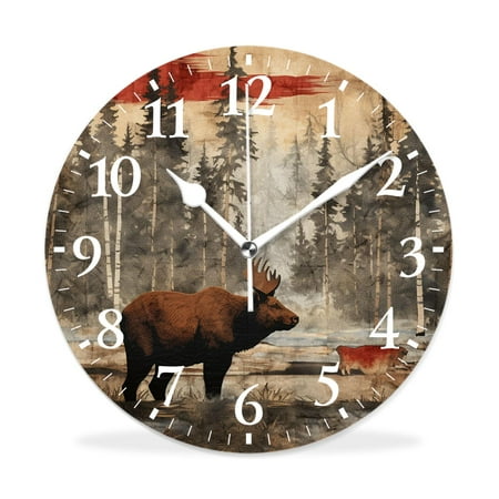 MEOSLZUT 12 inch Round Wall Clock,Rustic Lodge Bear Moose Deer Painting,Silent Non-Ticking Wall Clock Decor for Home Office Kitchen Living Room Bedroom