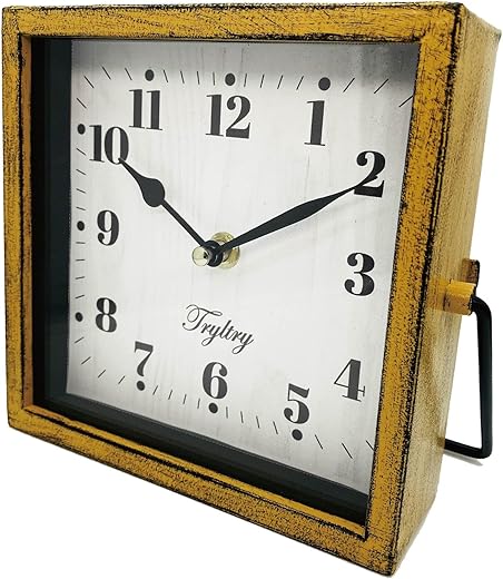 Metal Table Clock, Battery Operated Decorative Silent Non-Ticking Table Clock Mantel Desk Shelf Metal Clock for Home, Living Room- Wood Rectangle