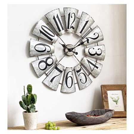 MHSHZLJZK 27 Inch Large Galvanized Metal Windmill Wall Clock,Oversized Vintage Farmhouse Wall Clock,Rustic Windmill Decor,Silent Non-Ticking Wall Clock