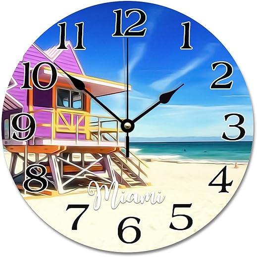 Miami Beach Scenery Wall Clock Florida USA Landscape Travel Large Wall Clocks Battery Operated 12 Inch Silent Retro Country City Souvenir Wall Decor Home Decor for Kitchen Bedroom Living Room Office