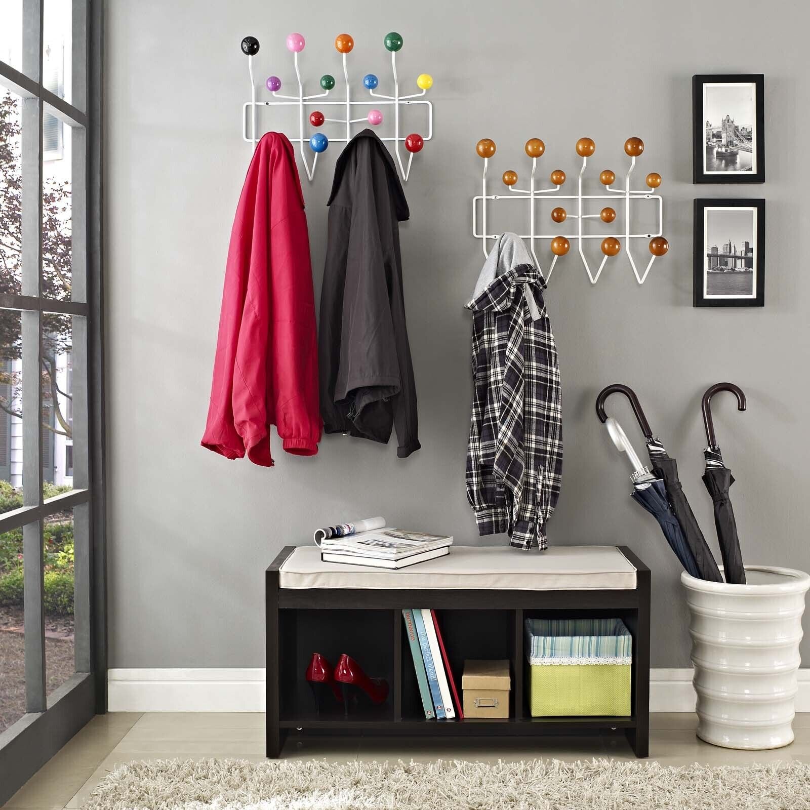 Mid-Century Wall Mount Entryway Wood Ball Hanger Hook Coat Rack in Multicolored