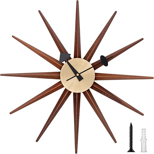 Mid Century Wall Clock - Wooden Starburst Clock Replica George Nelson Sunburst Clock for Decorative Office Wall Living Room (Walnut 19)