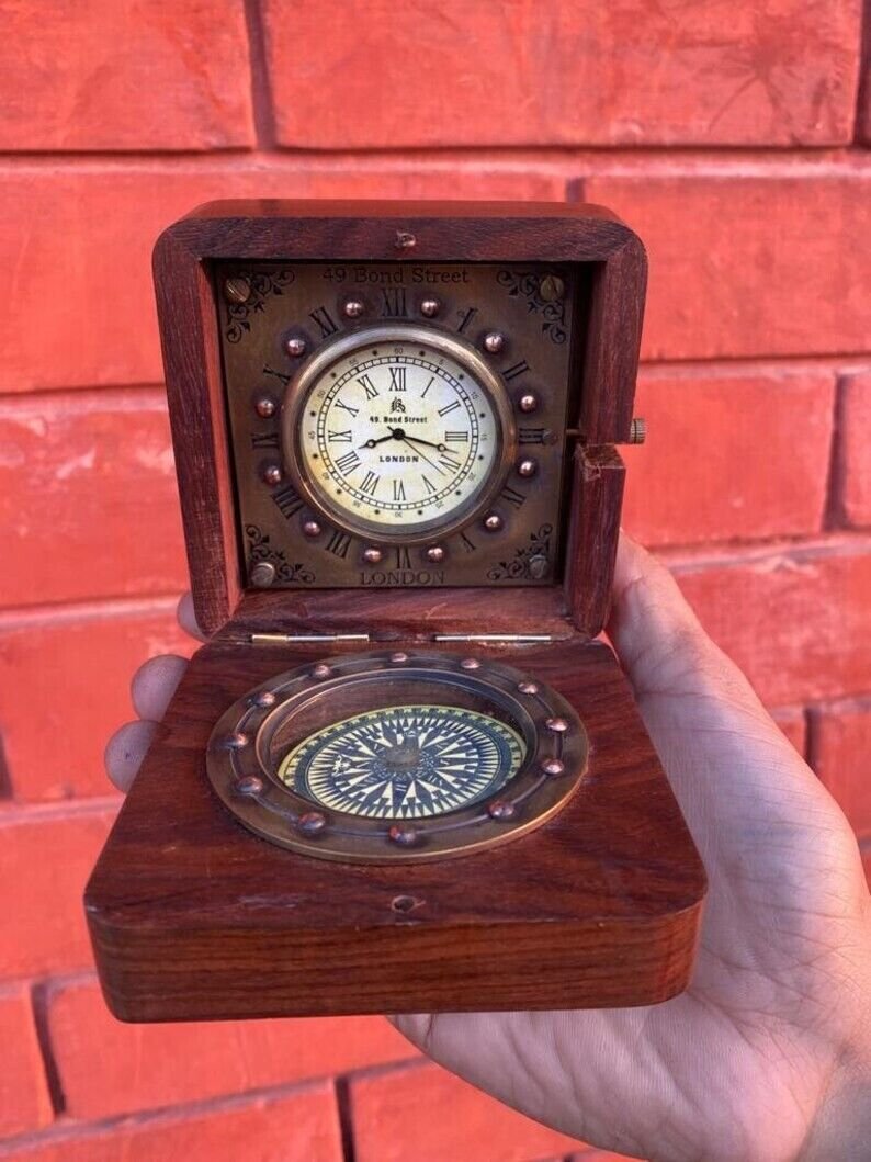 Mini Pocket Clock - Beautiful desk Clock - Wooden Clock with Directional Compass