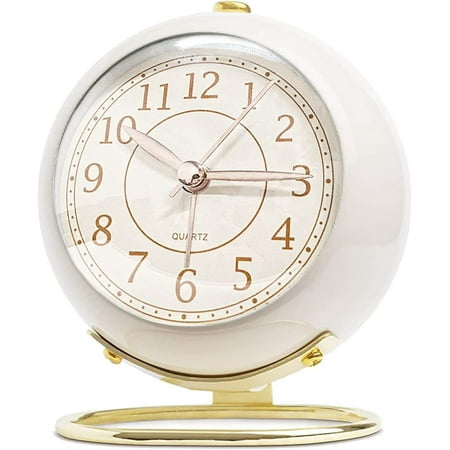 MINKUROW Small Alarm Clocks,Classic Retro Analog Cute Simple Design Small Desk Clock with No-Ticking Battery Operated Silent Backlight for Kids/Bedroom/Bedside Desktop/Kitchen/Travel White