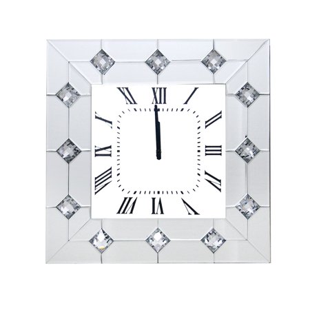 Mirrored Square Shape Wooden Analog Wall Clock With Crystal Accents, White