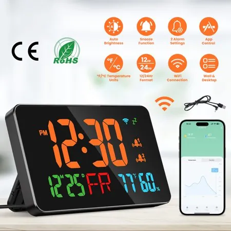 Moclever LED Digital Wall Clock, WiFi Auto Set Digital Alarm Clock with 2 Alarm Setting Snooze 4 Brightness Levels App Control for Home Bedroom Office, Black