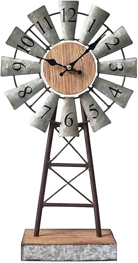 MODE HOME Vintage Farmhouse Table Clock on Stand, Galvanized Windmill Desk Clock, Decorative Mantel Clock for Living Room, Kitchen, Bedroom, Bathroom, Silent Small Clocks Battery Operated 15.75H