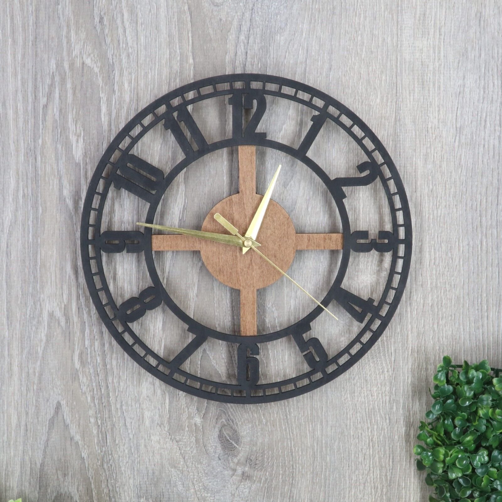 Moden Wooden Wall Clock with Impact Numbers Minimalist Silent Black Unique Clock