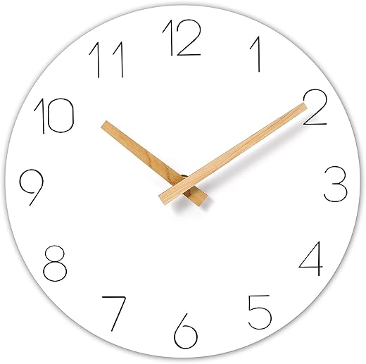 Modern 10 Inch White Wooden Wall Clock - Silent Non-Ticking Battery Operated Decorative Clock for Kitchen, Home, Bedroom, and Office