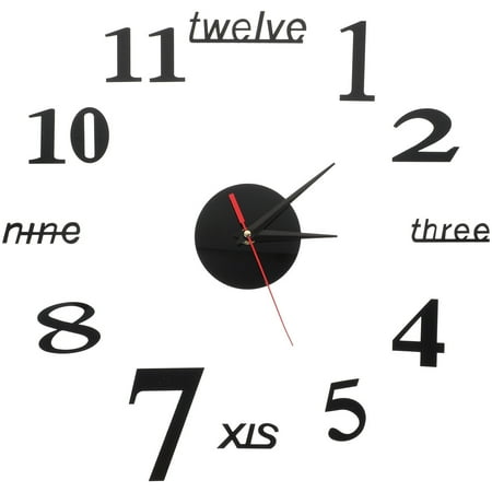 Modern 3D Frameless Large Wall Clock Novelty DIY Mirror Surface Clock Home Decorations (Black)