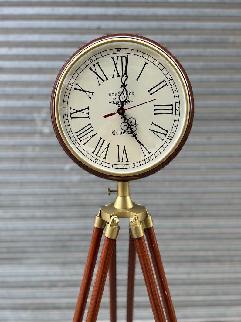 Modern Brown Polished Wooden Tripod Clock Large Analog Display for Home Office