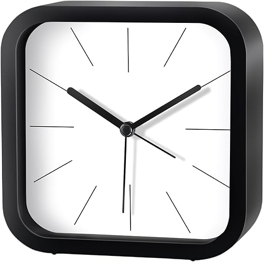 Modern Desktop Clock, Analog Clock Battery Operated with Silent No-Ticking Design, Small Tabletop Clocks for Office/Mantle/Desktop or Nightstand (Black-Square)