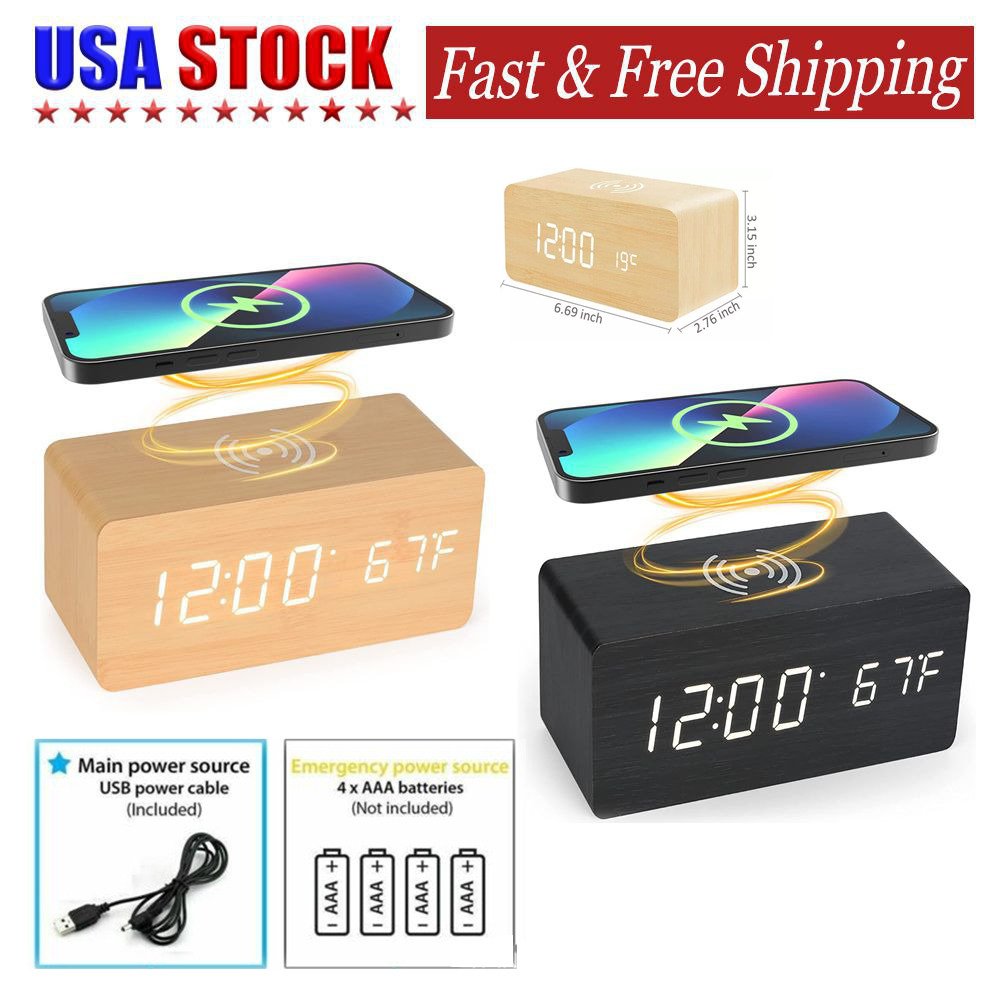 Modern Digital LED Desktop Alarm Clock Thermometer Wooden Wireless Charger