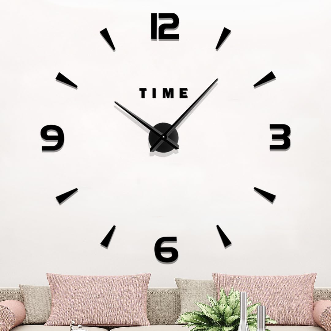 Modern Frameless DIY 3D Wall Clock Oversized Wall Clock for Living Room Decor, Decorative Wall Clocks Battery Operated (Black)