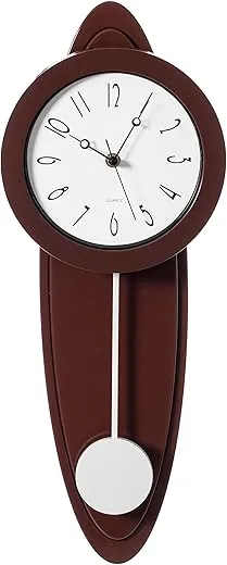 Modern Grandfather Brown Oval Pendulum Wood-Looking Plastic Wall Clock for Living Room, Kitchen, or Dining Room