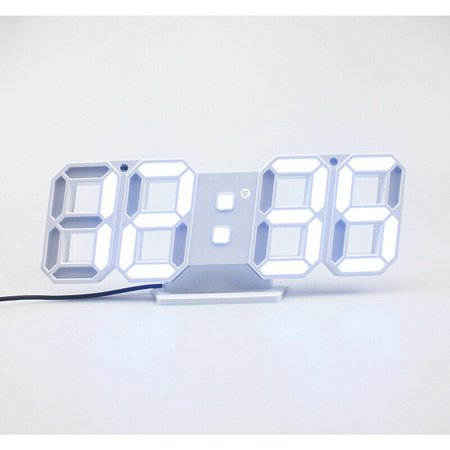 Modern LED Wall Desk Alarm Clock 3D Digital Display USB Watch Desktop 12/24 Hours Decor Auto Brightness White