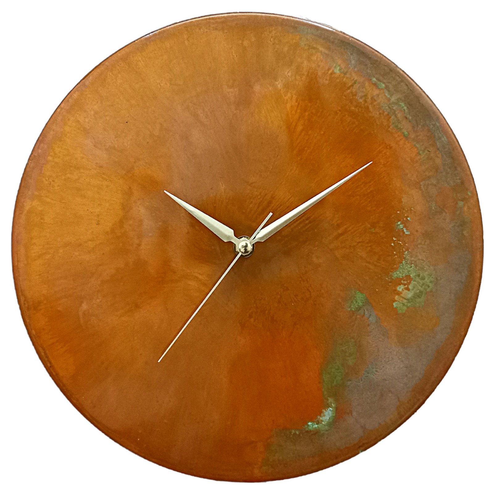 Modern Minimalist Handmade Metal Orange Patina Copper Wall Clock Mid Century Art