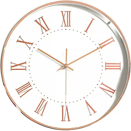 Modern Minimalist Rose Gold on White Silent Wall Clock With Glass Top (Roman Numeral Dial)